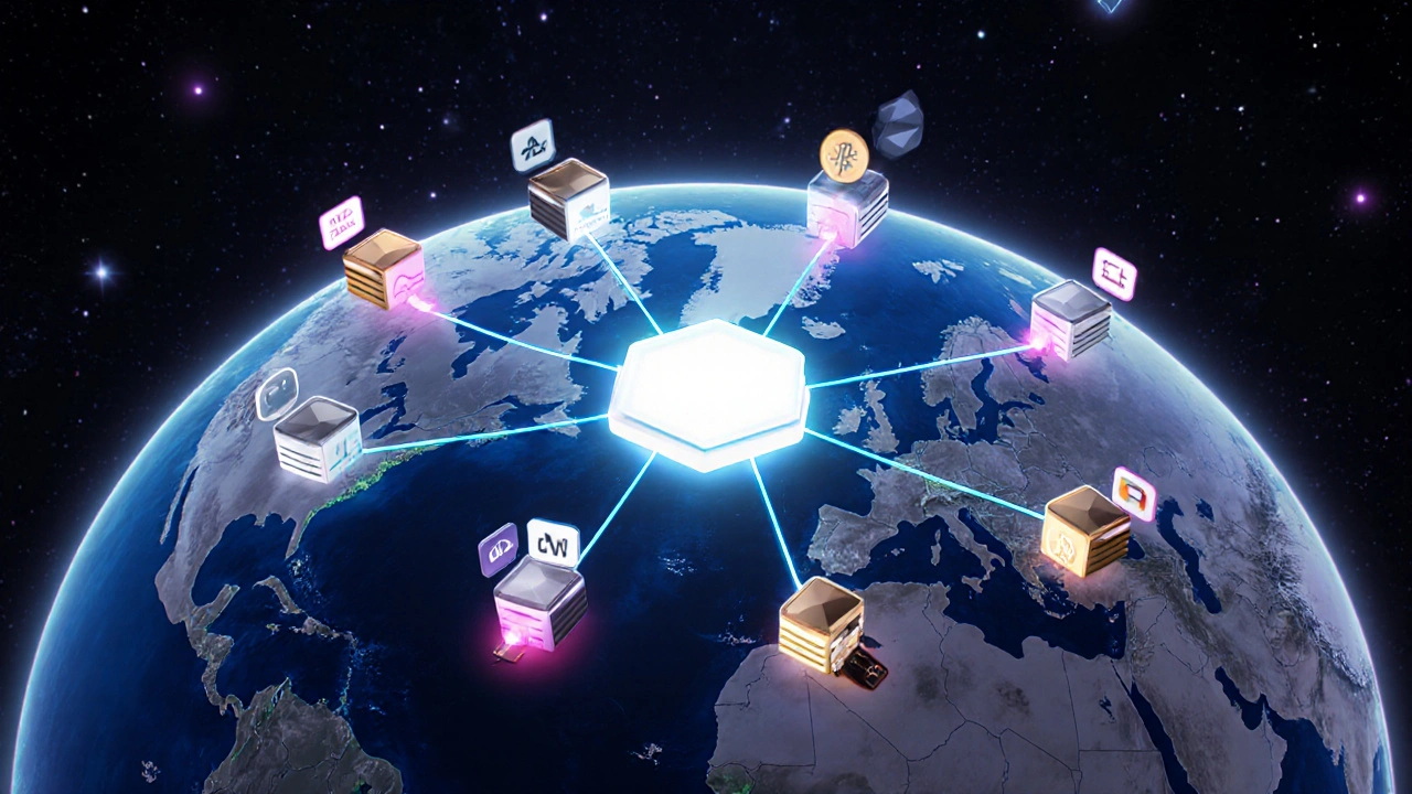 Réseau décentralisé d’oracles autour du globe, connectés à un contrat intelligent central.
