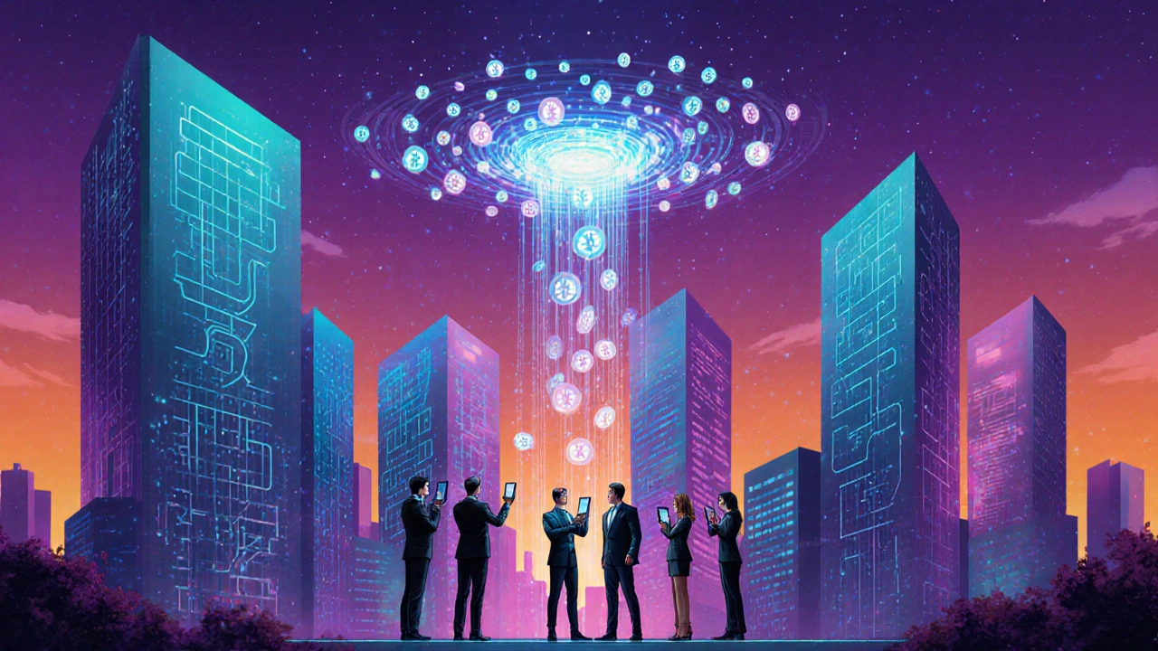 Scène futuriste montrant des tokens brûlés automatiquement dans un écosystème DeFi.