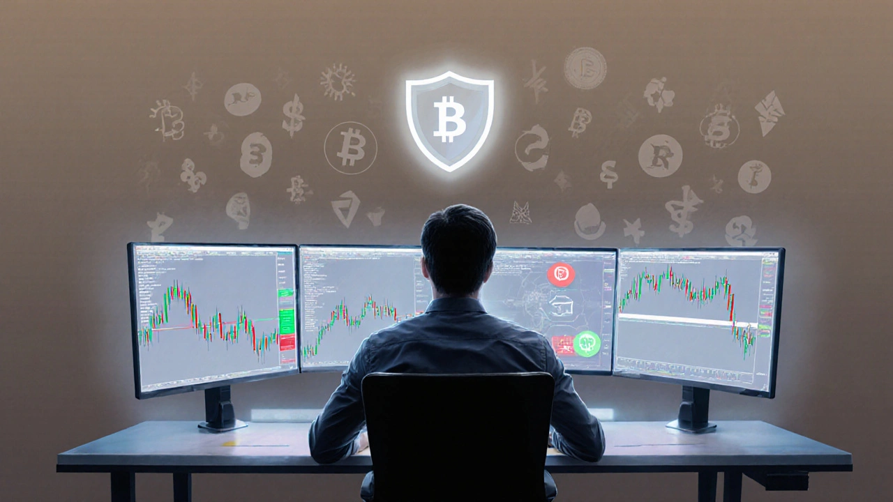 Trader seul avec graphiques, stop‑loss, take‑profit et bouclier de protection.