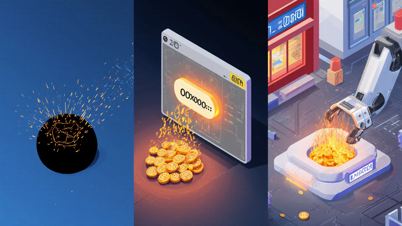 Trois scènes illustrant les méthodes d&#039;« burn »: adresse noire, fonction burn, buy‑back‑and‑burn.