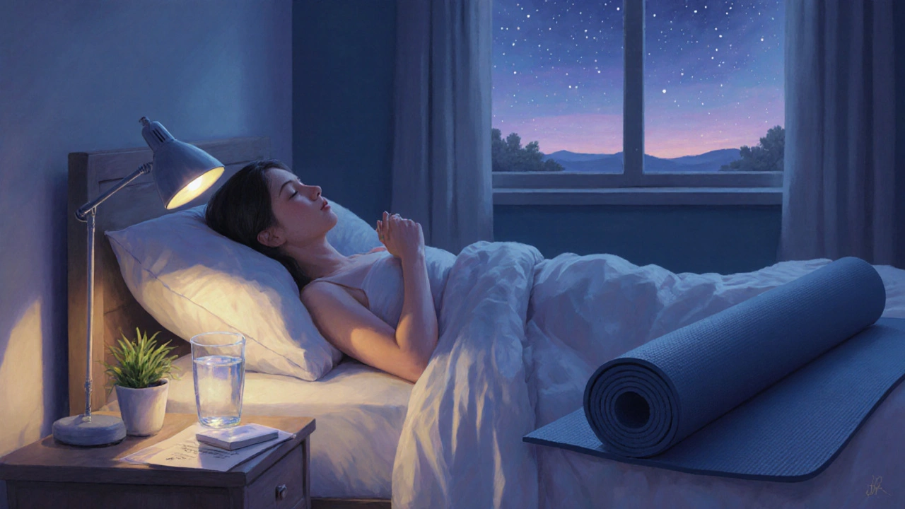 Chambre apaisée, personne reposant, verre d'eau, lampe, yoga mat et fenêtre nocturne.