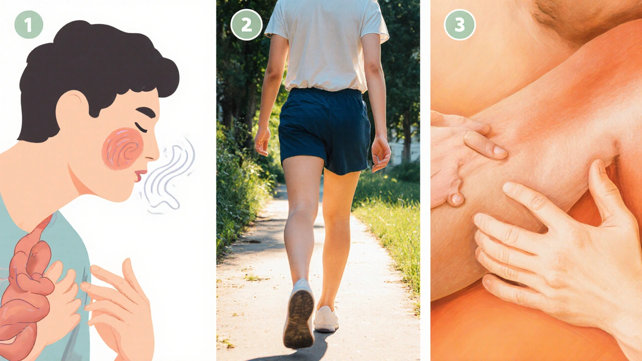 Collage montrant respiration diaphragmatique, marche post‑repas et posture genou‑poitrine.