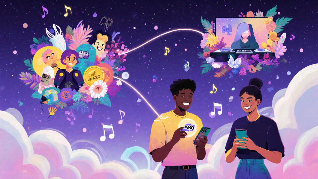 Collage numérique animé reliant art, jeu et musique à des personnes connectées.