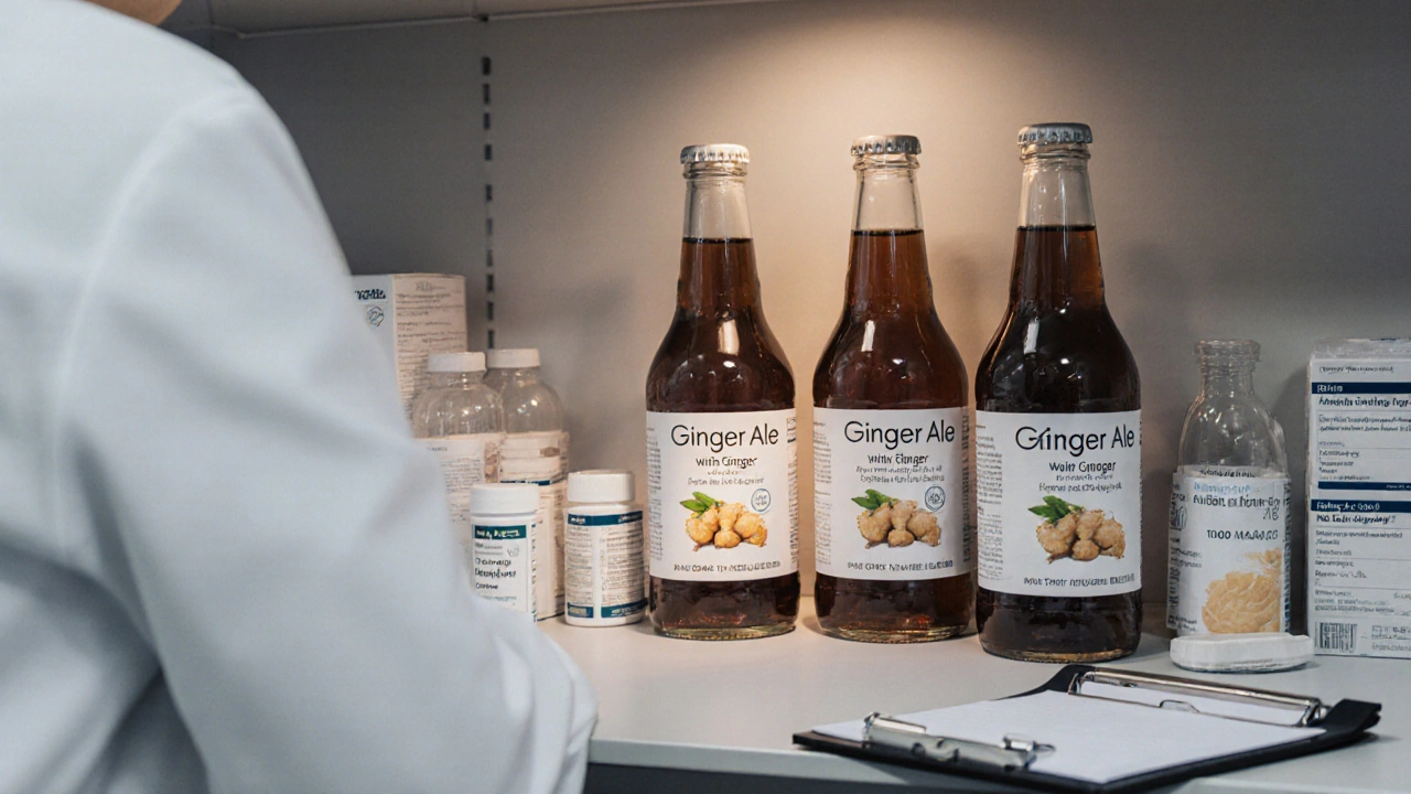 Étagère de pharmacie hospitalière avec des bouteilles de ginger ale naturel.