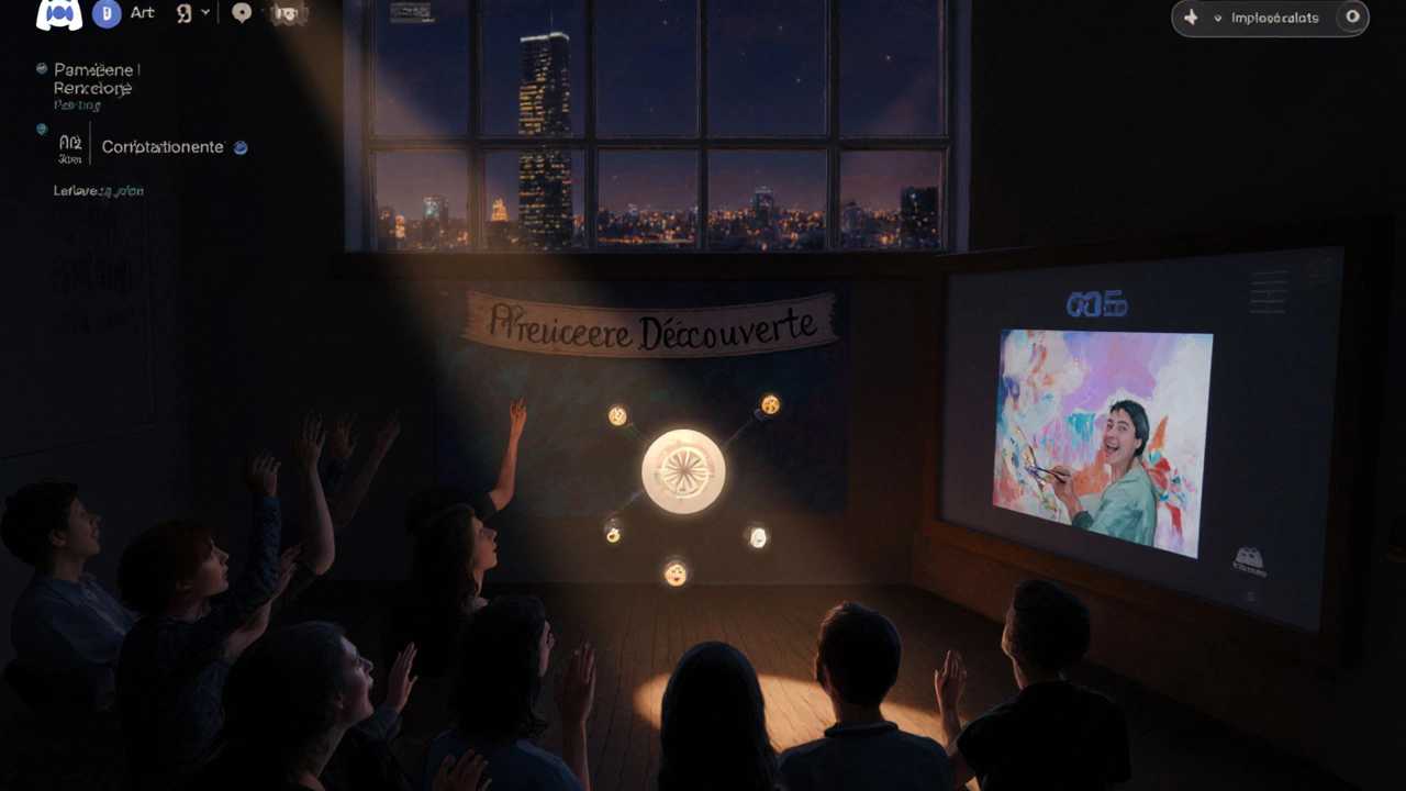 Événement virtuel en direct avec un artiste qui peint, entouré d&#039;avatars enthousiastes.