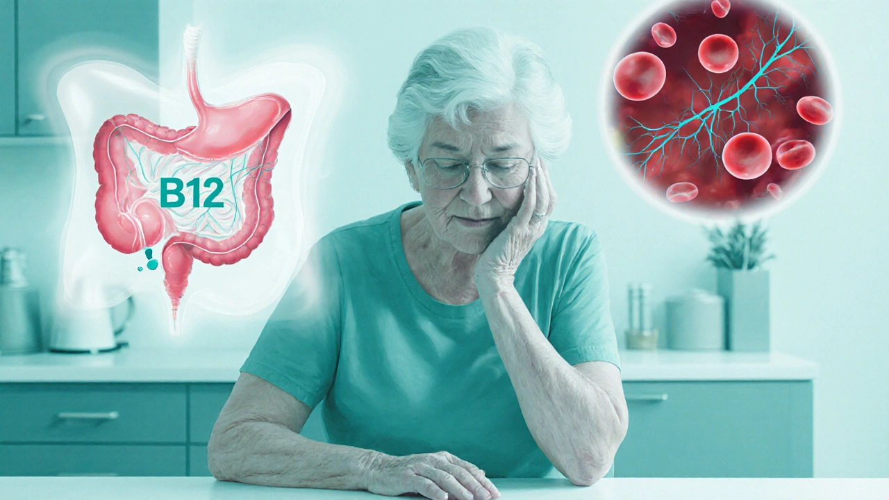 Femme âgée fatiguée, illustration de l'absence de vitamine B12, nerfs et globules rouges macrocytaires.