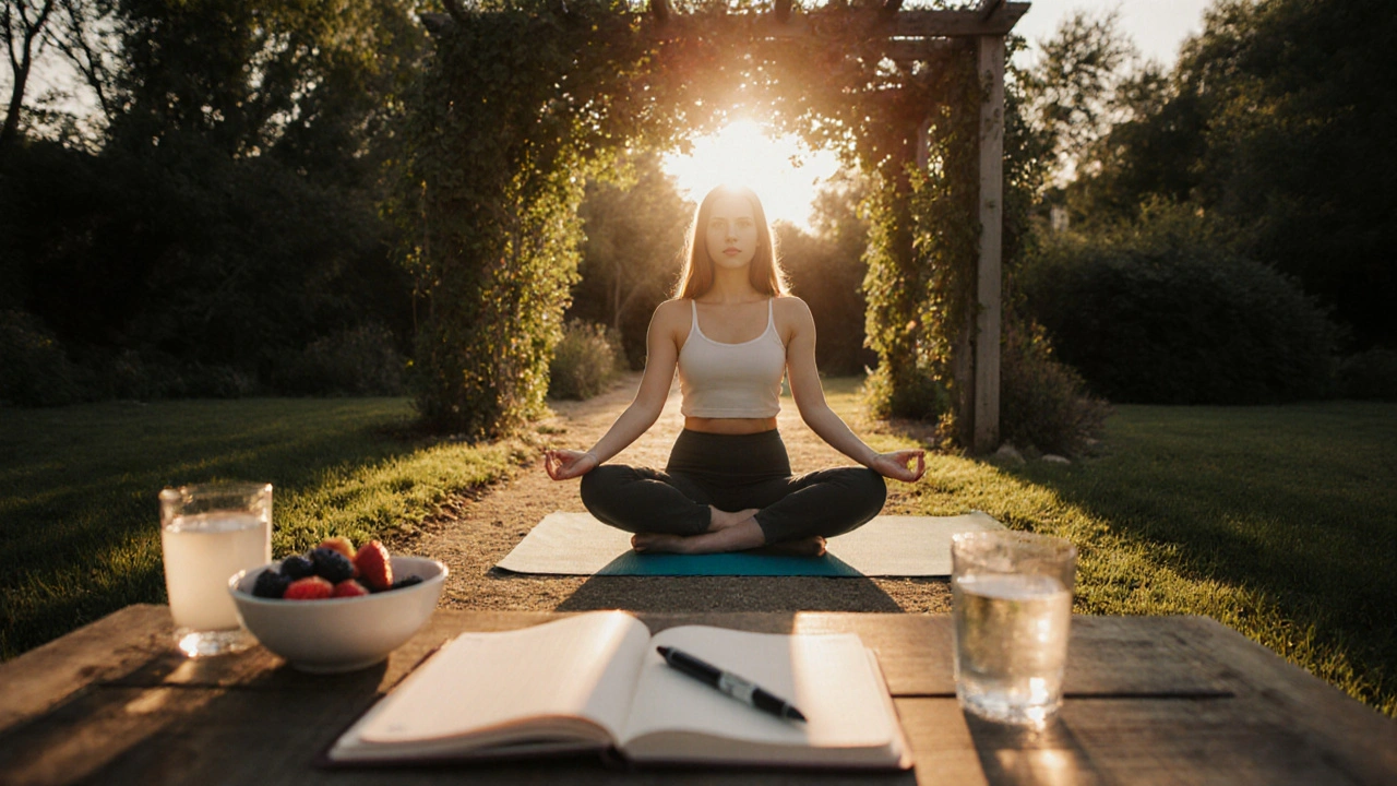 Femme pratiquant le yoga dans un jardin au lever du soleil, entourée d’aliments probiotiques et d’un journal.