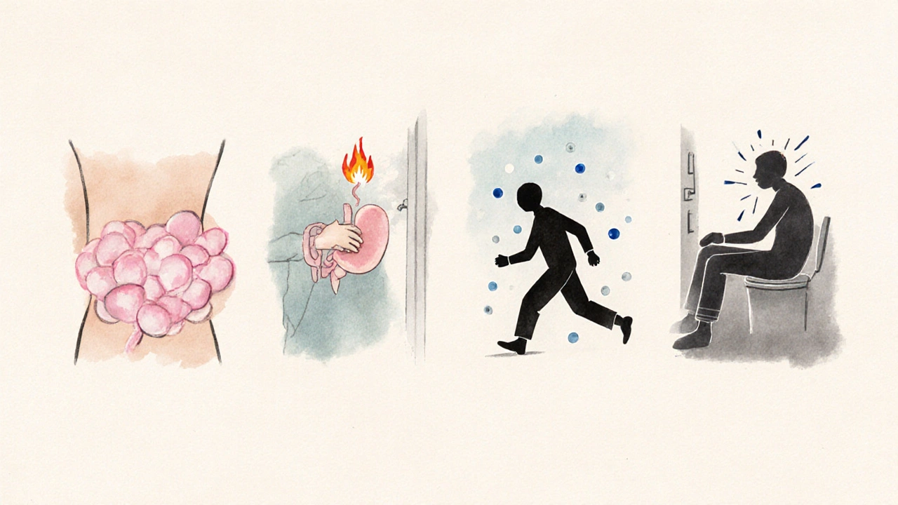 Illustration à l'aquarelle montrant ballonnements, reflux, diarrhée urgente et constipation en quatre vignettes pastel.