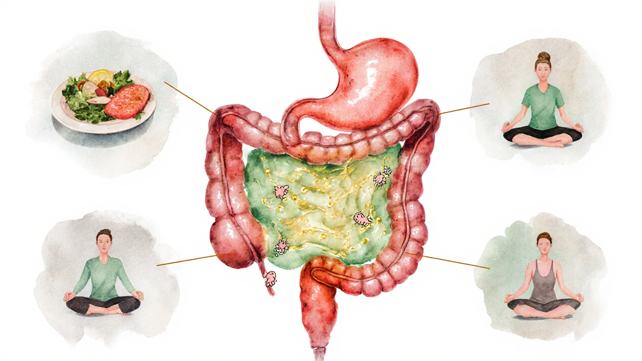 Illustration à l’aquarelle du tube digestif avec bactéries, aliments sains et exercices de gestion du stress.