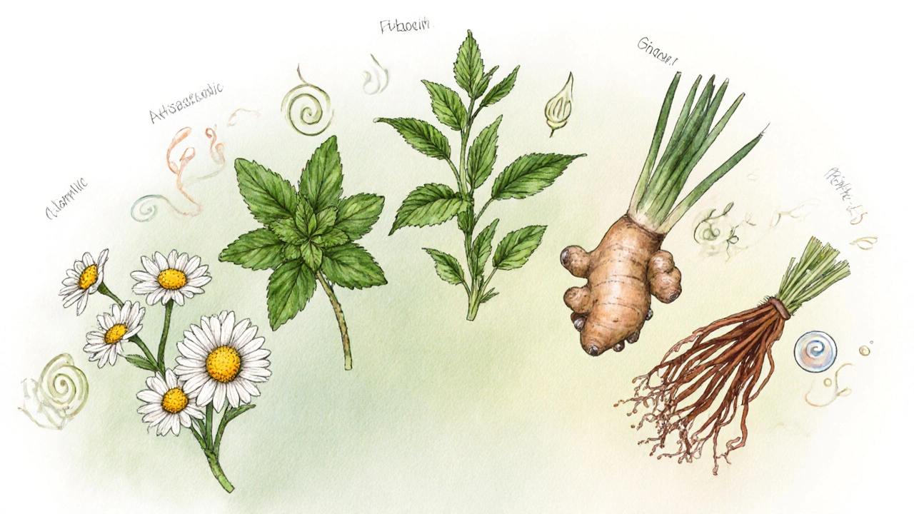 Illustration botanique pastel des cinq herbes digestives : camomille, menthe, gingembre, fenouil, réglisse.