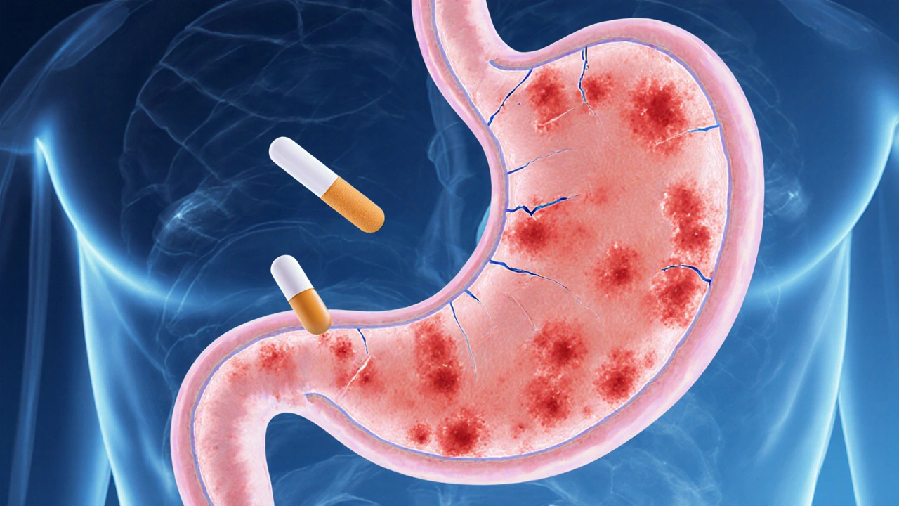 Illustration médicale montrant la muqueuse gastrique irritée par l'alcool et les AINS avec petites ulcérations.