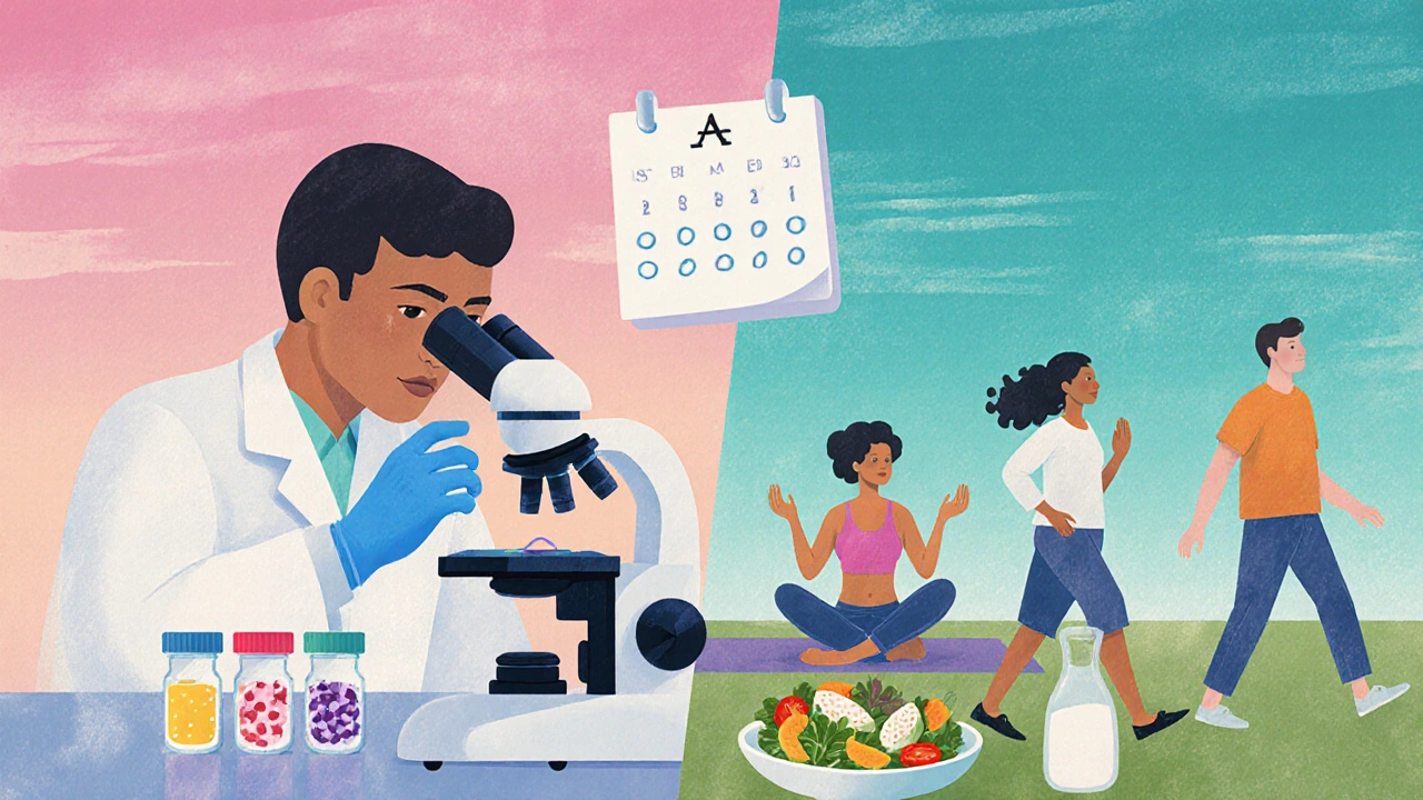 Illustration pastel d'un scientifique travaillant sur un vaccin et personnes pratiquant le bien‑être.