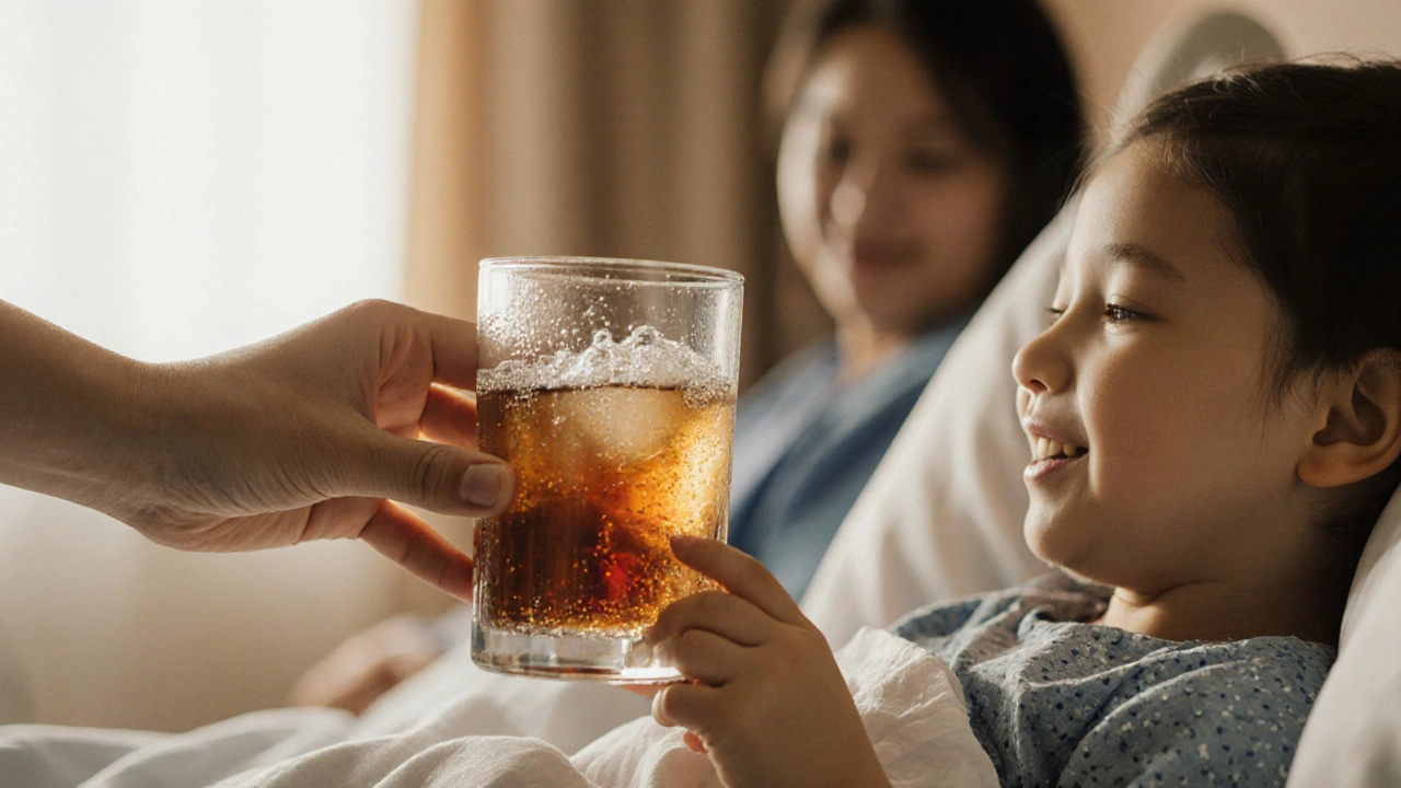 Infirmière offrant un verre de ginger ale à un enfant en lit d'hôpital.