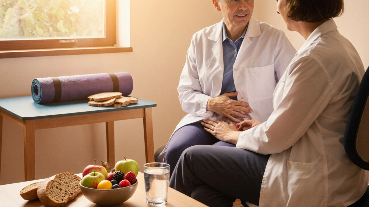 Médecin examinant l'abdomen d'un patient, verre d'eau, fruits riches en fibres et tapis de yoga en arrière‑plan.