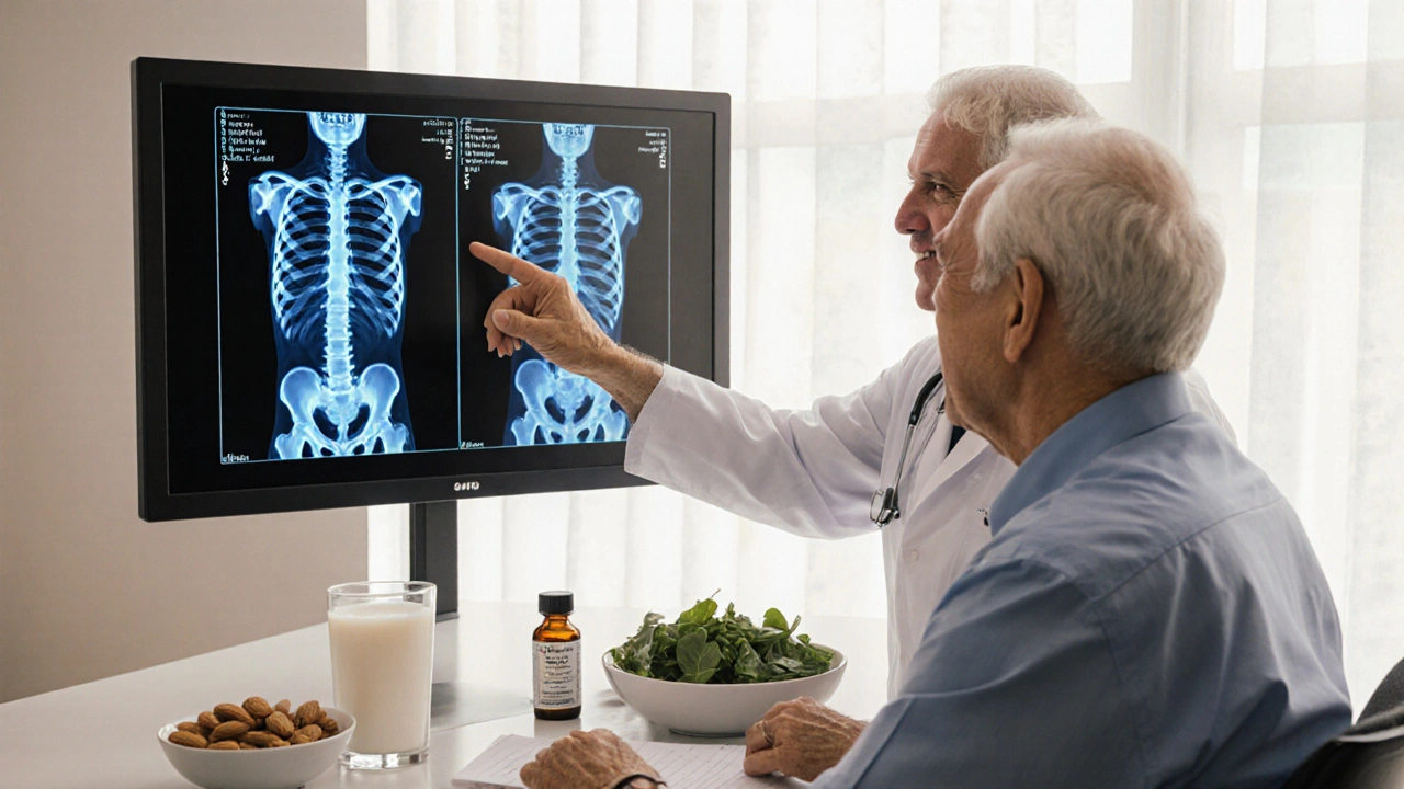 Médecin montrant un scanner de densité osseuse à un patient, entouré d'aliments riches en calcium.