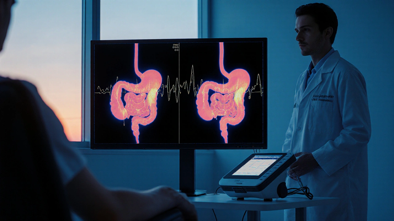 Médecin observe une scintigraphie gastrique et une électrogastrographie dans une clinique.