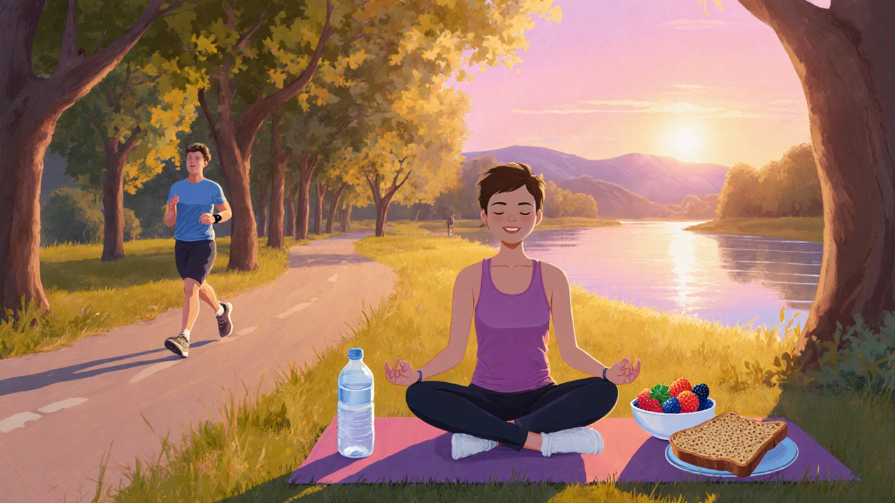 Peinture d'un parc au lever du soleil avec des personnes faisant du yoga, du jogging et mangeant des aliments sains.
