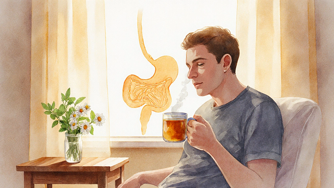 Personne détendue buvant une tisane, avec un halo lumineux autour de l’estomac, ambiance sereine.