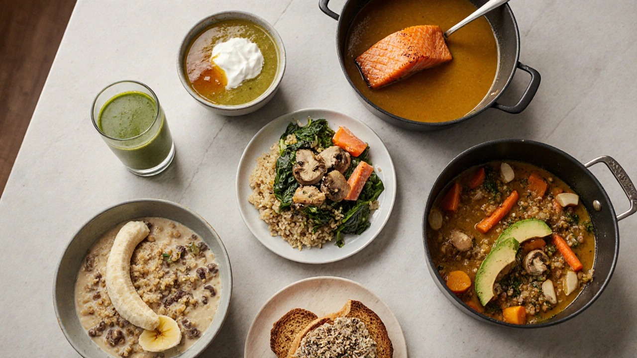 Plan de repas de trois jours : avoine au petit‑déjeuner, saumon au déjeuner, riz au dîner, smoothies, lentilles, tofu au curry.