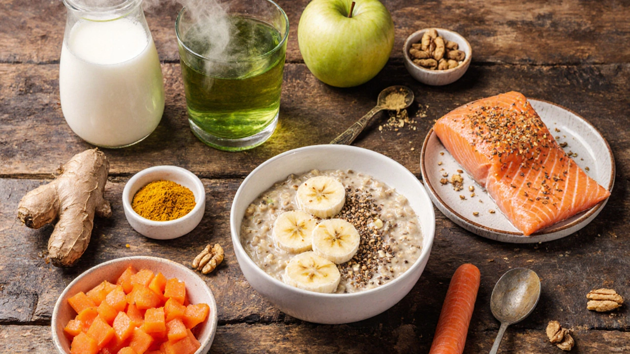 Plateau rustique présentant flocons d’avoine, pommes, carottes, yaourt, saumon, noix, curcuma, gingembre et thé vert.