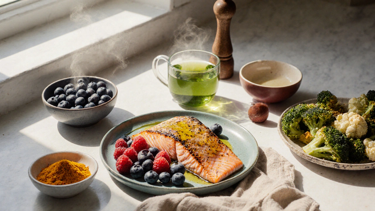 Repas anti‑inflammatoire : saumon, baies, brocoli, curcuma et thé vert.