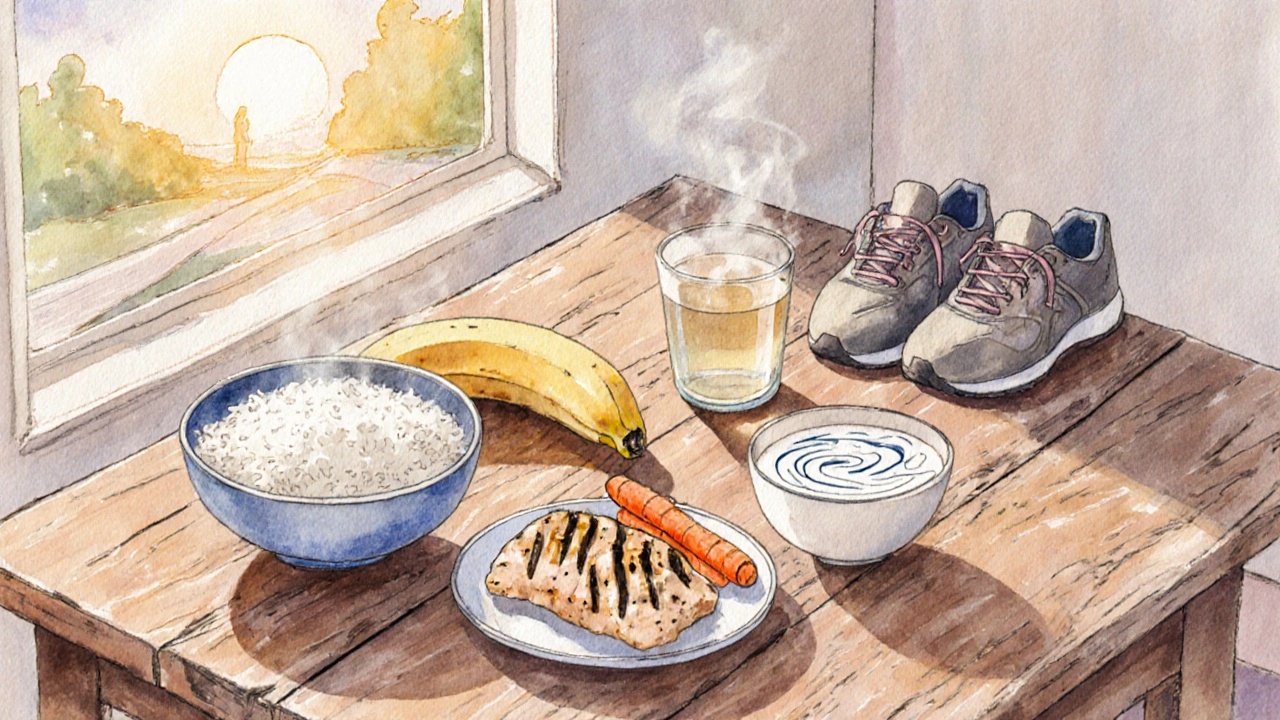 Repas doux : riz, banane, bouillon, poulet, yaourt probiotique, chaussures de marche.