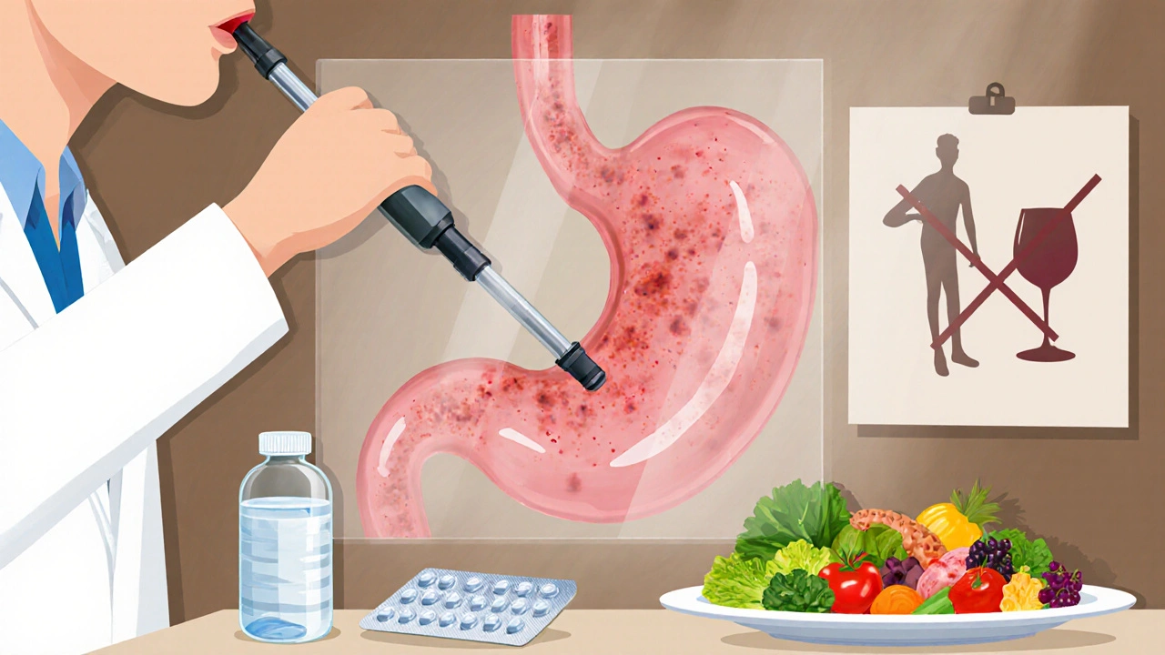 Scène de clinique avec endoscopie, médicaments et assiette d'aliments sains.